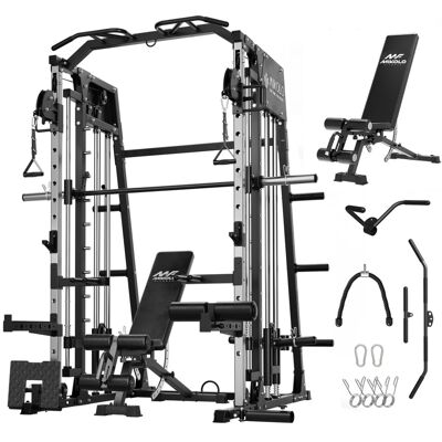 Mikolo - Smith Machine, 2200 lbs Power Rack Cage with 800 lbs Weight Bench and Cable Crossover System, Weight Bar - Black Mikolo - Smith Machine, 2200 lbs Power Rack Cage with 800 lbs Weight Bench and Cable Crossover System, Weight Bar - Black