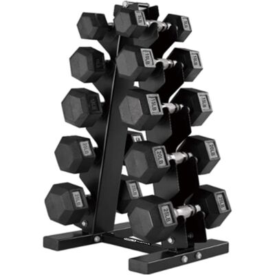 HolaHatha - 5, 10, 15, 20 & 25 Pound Hexagonal Dumbbell Weight Set w/Rack - Black HolaHatha - 5, 10, 15, 20 & 25 Pound Hexagonal Dumbbell Weight Set w/Rack - Black