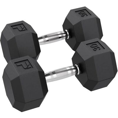 Power Systems - 30 lb Rubber Hex Dumbbells, Pair of Dumbbells w/Ergonomic Grip & Hexagonal Dead Design - Black Power Systems - 30 lb Rubber Hex Dumbbells, Pair of Dumbbells w/Ergonomic Grip & Hexagonal Dead Design - Black