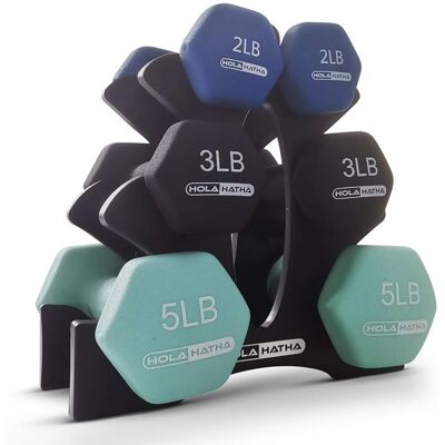 HolaHatha - 2, 3, & 5 Pound Neoprene Dumbbell Free Hand Weight Set w/ Rack, Pastel - Blues HolaHatha - 2, 3, & 5 Pound Neoprene Dumbbell Free Hand Weight Set w/ Rack, Pastel - Blues