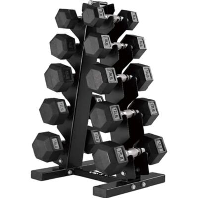 HolaHatha - 5, 8, 10, 12 & 15 lb Hexagonal Dumbbell Weight Set with Rack - Black HolaHatha - 5, 8, 10, 12 & 15 lb Hexagonal Dumbbell Weight Set with Rack - Black