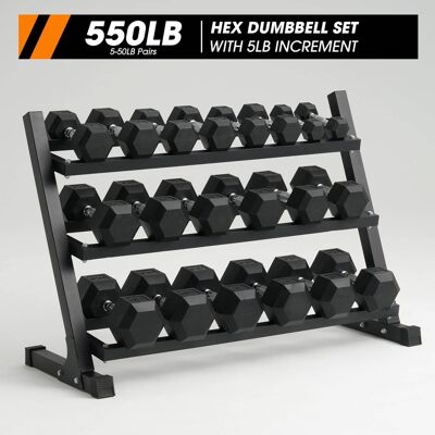 Mikolo - Rubber Hex Dumbbell Set with Racks, Options in 550lbs, Strength Training Weight Set Home Gym - Black Mikolo - Rubber Hex Dumbbell Set with Racks, Options in 550lbs, Strength Training Weight Set Home Gym - Black