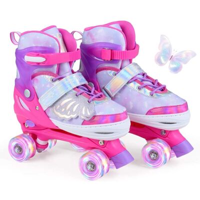 Costway - Kids Roller Skates 4 Sizes Adjustable Quad Skates with Light Wheels for Ages 9-14 - Pink Costway - Kids Roller Skates 4 Sizes Adjustable Quad Skates with Light Wheels for Ages 9-14 - Pink