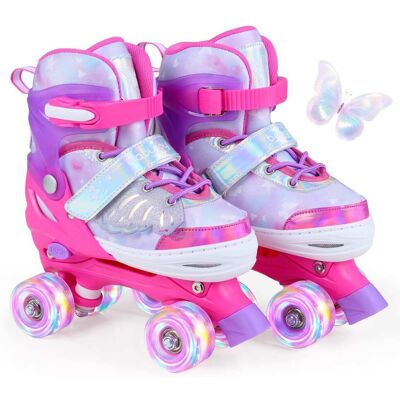 Costway - Kids Roller Skates 4 Sizes Adjustable Quad Skates with Light-up Wheels for Ages 7-9 - Pink Costway - Kids Roller Skates 4 Sizes Adjustable Quad Skates with Light-up Wheels for Ages 7-9 - Pink