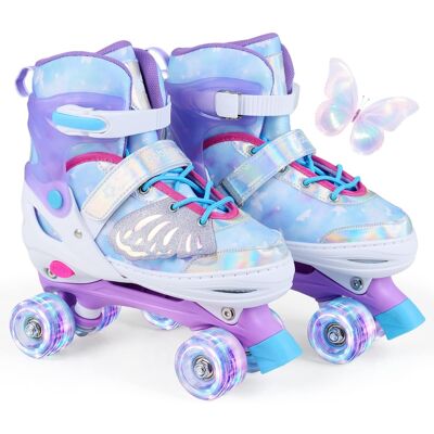Costway - Kids Roller Skates 4 Sizes Adjustable Quad Skates with Light Wheels for Ages 9-14 - Blue Costway - Kids Roller Skates 4 Sizes Adjustable Quad Skates with Light Wheels for Ages 9-14 - Blue