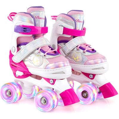 Costway - Kids Roller Skates 4 Sizes Adjustable Quad Skates with Light-up Wheels for Ages 5-8 - Rose Red Costway - Kids Roller Skates 4 Sizes Adjustable Quad Skates with Light-up Wheels for Ages 5-8 - Rose Red