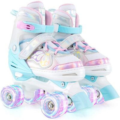 Costway - 4 Sizes Adjustable Quad Skates with Light-up Wheels Safety Protection for Ages 8-13 - Blue Costway - 4 Sizes Adjustable Quad Skates with Light-up Wheels Safety Protection for Ages 8-13 - Blue