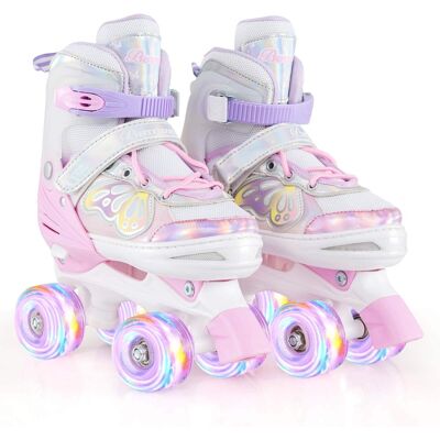 Costway - 4 Sizes Adjustable Quad Skates with Light-up Wheels Safety Protection for Ages 13+ - Pink Costway - 4 Sizes Adjustable Quad Skates with Light-up Wheels Safety Protection for Ages 13+ - Pink
