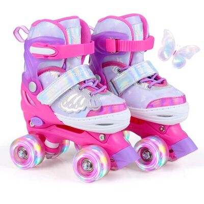 Costway - Kids Roller Skates 4 Sizes Adjustable Quad Skates with Light-up Wheels for Ages 5-7 - Pink Costway - Kids Roller Skates 4 Sizes Adjustable Quad Skates with Light-up Wheels for Ages 5-7 - Pink
