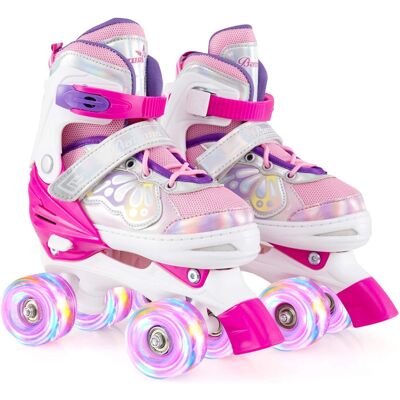 Costway - 4 Sizes Adjustable Quad Skates with Light-up Wheels Safety Protection for Ages 8-13 - Rose Red Costway - 4 Sizes Adjustable Quad Skates with Light-up Wheels Safety Protection for Ages 8-13 - Rose Red