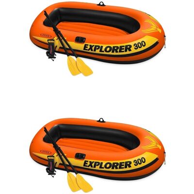 Intex - Explorer 300 Inflatable Fishing 3 Person Raft Boat w/ Pump & Oars, 2 Pack - Orange Intex - Explorer 300 Inflatable Fishing 3 Person Raft Boat w/ Pump & Oars, 2 Pack - Orange