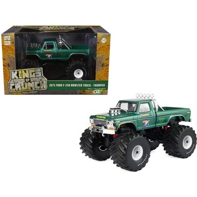 1975 Ford F-250 Monster Truck with 66-Inch Tires "Thumper" Green Metallic "Kings of Crunch" 1/43 Model Car by Greenlight 1975 Ford F-250 Monster Truck with 66-Inch Tires "Thumper" Green Metallic "Kings of Crunch" 1/43 Model Car by Greenlight