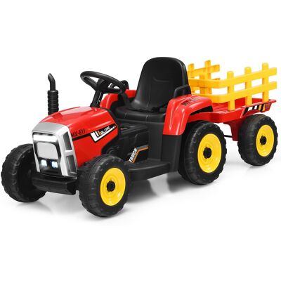Costway - 12V Kids Ride On Tractor with Trailer Ground Loader w/ RC & Lights - Red Costway - 12V Kids Ride On Tractor with Trailer Ground Loader w/ RC & Lights - Red
