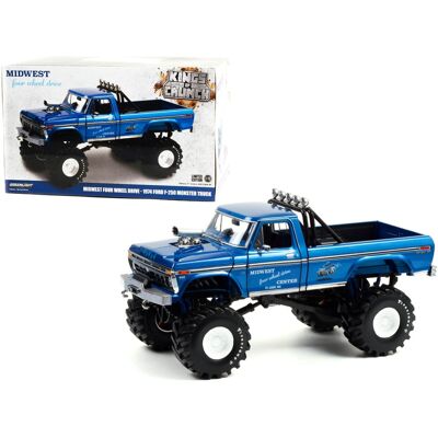 1974 Ford F-250 Ranger XLT Monster Truck w/48-Inch Tires Blue Met. Midwest Four Wheel Drive 1/18 Model Car Greenlight 1974 Ford F-250 Ranger XLT Monster Truck w/48-Inch Tires Blue Met. Midwest Four Wheel Drive 1/18 Model Car Greenlight