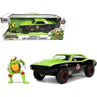 1967 Chevrolet Camaro Offroad Bright Green & Matt Black (Dirty Version) & Raphael Figure 1/24 Diecast Model Car by Jada 1967 Chevrolet Camaro Offroad Bright Green & Matt Black (Dirty Version) & Raphael Figure 1/24 Diecast Model Car by Jada