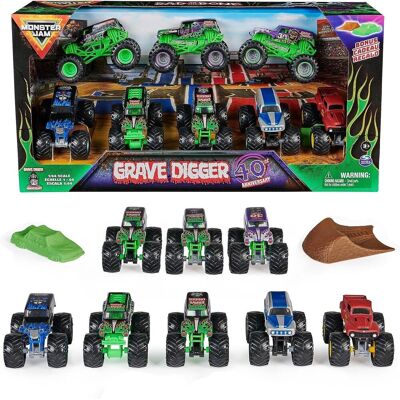 Monster Cable Jam - Grave Digger 40th Anniversary 8-Pack Monster Trucks 1:64 Scale Toy Set for Kids 3+ - Multi Monster Cable Jam - Grave Digger 40th Anniversary 8-Pack Monster Trucks 1:64 Scale Toy Set for Kids 3+ - Multi