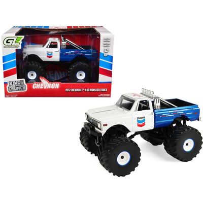 1972 Chevrolet K-10 Monster Truck "Chevron 150th Anniversary" White and Blue Metallic 1/43 Model Car by Greenlight 1972 Chevrolet K-10 Monster Truck "Chevron 150th Anniversary" White and Blue Metallic 1/43 Model Car by Greenlight