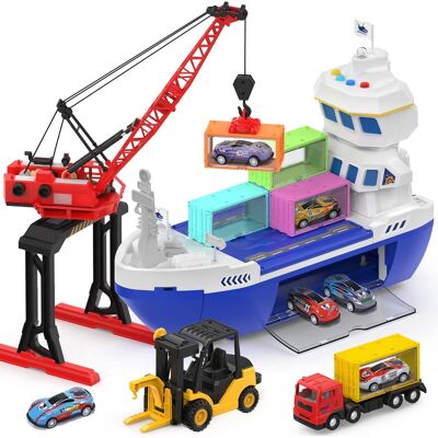 CUTE STONE - 2-in-1 Toy Boat & Tower Crane Playset, Cargo Ship with Lights/Sounds Push-Go Transport Ship & Construction CUTE STONE - 2-in-1 Toy Boat & Tower Crane Playset, Cargo Ship with Lights/Sounds Push-Go Transport Ship & Construction
