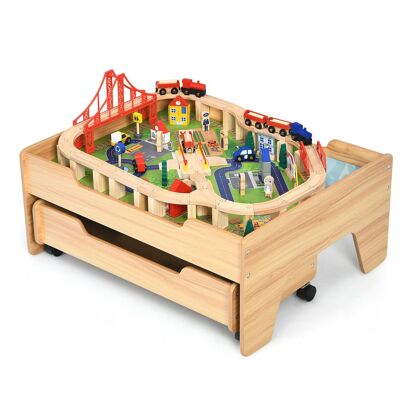 Costway - Wooden Kids Train Track Railway Set Table w/100 Pieces Storage Drawer - Natural Costway - Wooden Kids Train Track Railway Set Table w/100 Pieces Storage Drawer - Natural