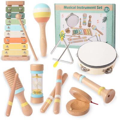 Sugift - 9-Piece Wooden Musical Instruments Set with Xylophone, Maracas, Tambourine, Triangle Sugift - 9-Piece Wooden Musical Instruments Set with Xylophone, Maracas, Tambourine, Triangle