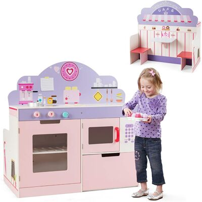 Costway - 2 in 1 Kids Play Kitchen & Cafe Restaurant Wooden Pretend Cooking Playset Toy - Multicolor Costway - 2 in 1 Kids Play Kitchen & Cafe Restaurant Wooden Pretend Cooking Playset Toy - Multicolor