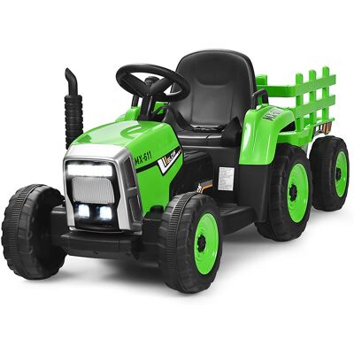 Costway - 12V Kids Ride On Tractor with Trailer Ground Loader w/Remote Control &LED Lights - Green Costway - 12V Kids Ride On Tractor with Trailer Ground Loader w/Remote Control &LED Lights - Green