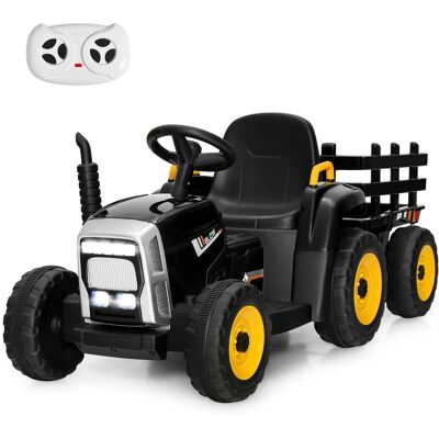 Costway - 12V Kids Ride On Tractor with Trailer Ground Loader w/ RC & Lights - Black Costway - 12V Kids Ride On Tractor with Trailer Ground Loader w/ RC & Lights - Black