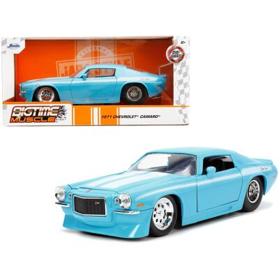 1971 Chevrolet Camaro Z/28 Light Blue with White Stripes "Bigtime Muscle" Series 1/24 Diecast Model Car by Jada 1971 Chevrolet Camaro Z/28 Light Blue with White Stripes "Bigtime Muscle" Series 1/24 Diecast Model Car by Jada