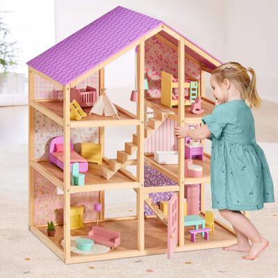 Tiny Land - 3-Story Wooden Dollhouse with 6 Rooms, 31-Piece Furniture Set, Open-Back Design, Dolls Not Included - Unicorn Purple Tiny Land - 3-Story Wooden Dollhouse with 6 Rooms, 31-Piece Furniture Set, Open-Back Design, Dolls Not Included - Unicorn Purple