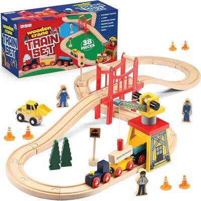 Play22 - 38 Pcs Wood Train Track Set for Toddlers 2-4 Years with Crane, Bridge & Accessories - Compatible with All Major Brands Play22 - 38 Pcs Wood Train Track Set for Toddlers 2-4 Years with Crane, Bridge & Accessories - Compatible with All Major Brands