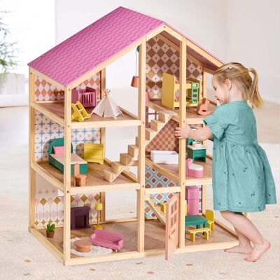 Tiny Land - 3-Story Wooden Dollhouse with 6 Rooms, 31-Piece Furniture Set, Open-Back Design, Dolls Not Included - Dusty Pink Tiny Land - 3-Story Wooden Dollhouse with 6 Rooms, 31-Piece Furniture Set, Open-Back Design, Dolls Not Included - Dusty Pink