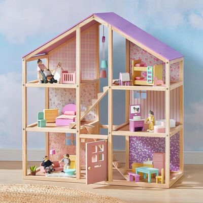 Tiny Land - 3-Story Wooden Dollhouse with 31 Furniture Pieces, Dollhouse Dolls & Baby Stroller, Pretend Play Toy for Kids - Unicorn Purple Tiny Land - 3-Story Wooden Dollhouse with 31 Furniture Pieces, Dollhouse Dolls & Baby Stroller, Pretend Play Toy for Kids - Unicorn Purple
