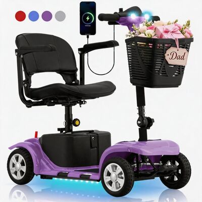 Hover Heart - Heavy Duty 4 Wheel Mobility Scooter for Adults & Seniors - Portable Electric Travel Scooter with Seat, LED Light, Basket - Purple Hover Heart - Heavy Duty 4 Wheel Mobility Scooter for Adults & Seniors - Portable Electric Travel Scooter with Seat, LED Light, Basket - Purple