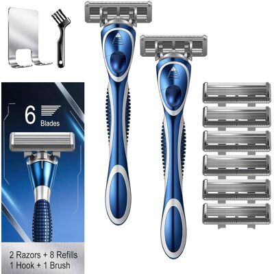Dazzed Corner - 6-Blade Manual Razor for Men, 2 Non-Slip Handles, 8 Refills - Blue Dazzed Corner - 6-Blade Manual Razor for Men, 2 Non-Slip Handles, 8 Refills - Blue