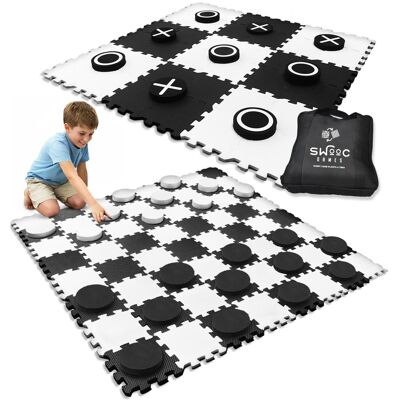 Swooc Games - 2-in-1 Premium Giant Checkers & Tic Tac Toe Game (4ft x 4ft) - Checkerboard High Density EVA Foam Mat & Pieces w/ Bag - Black Swooc Games - 2-in-1 Premium Giant Checkers & Tic Tac Toe Game (4ft x 4ft) - Checkerboard High Density EVA Foam Mat & Pieces w/ Bag - Black