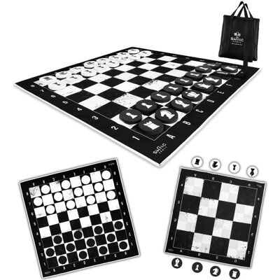 Swooc Games - 3-in-1 Giant Checkers, Chess, & Chess Tac Toe Game With Mat (4ft x 4ft) - Machine-Washable Canvas & 5in Big Foam Discs - Black Swooc Games - 3-in-1 Giant Checkers, Chess, & Chess Tac Toe Game With Mat (4ft x 4ft) - Machine-Washable Canvas & 5in Big Foam Discs - Black