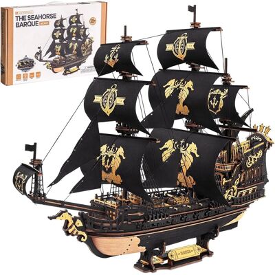 Robotime - Rokr The Seahorse Barque 3D Wooden Puzzles for Adults, Black Sailboat Model Kits, Pirate Ship Building, 603 Pcs - Brown Robotime - Rokr The Seahorse Barque 3D Wooden Puzzles for Adults, Black Sailboat Model Kits, Pirate Ship Building, 603 Pcs - Brown