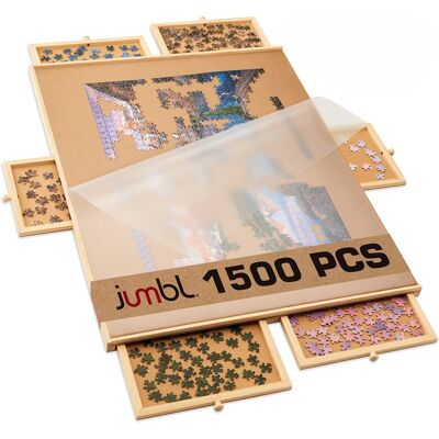 Jumbl - 1500-Piece Puzzle Board with Drawers, Lazy Susan & Cover - Rotating Wooden Jigsaw Puzzle Table Jumbl - 1500-Piece Puzzle Board with Drawers, Lazy Susan & Cover - Rotating Wooden Jigsaw Puzzle Table