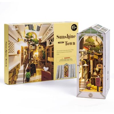 Robotime - Rolife Sunshine Town LED Book Nook Kit-Decorative Bookend Stand-3D Wooden Puzzle for Adults-Bookshelf Insert - Brown Robotime - Rolife Sunshine Town LED Book Nook Kit-Decorative Bookend Stand-3D Wooden Puzzle for Adults-Bookshelf Insert - Brown