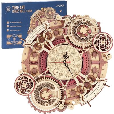 Robotime - ROKR 3D Wooden Puzzles for Adults-Wooden Clock Puzzle Kit-Wood Model Kits to Build for Adults-Zodiac Wall Clock - Brown Robotime - ROKR 3D Wooden Puzzles for Adults-Wooden Clock Puzzle Kit-Wood Model Kits to Build for Adults-Zodiac Wall Clock - Brown