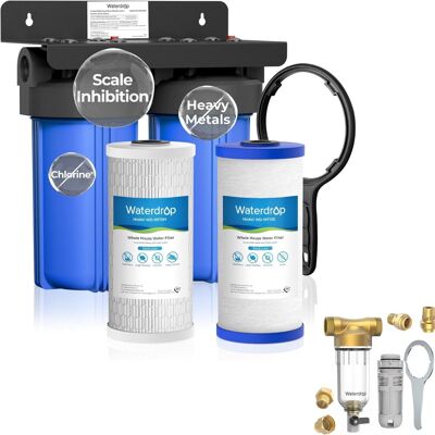 Waterdrop - WD-WHF21-SH 2 Stage Whole House Water Filter System, with Heavy Metal and Anti-Scale Sediment Filter Extra WD-RPFK - Blue Waterdrop - WD-WHF21-SH 2 Stage Whole House Water Filter System, with Heavy Metal and Anti-Scale Sediment Filter Extra WD-RPFK - Blue