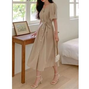 Short-Sleeve Plain Square-Neck Tie Waist Maxi Dress