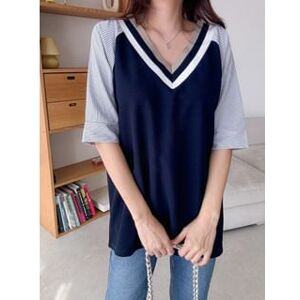 Short-Sleeve V-Neck Striped Loose-Fit Top