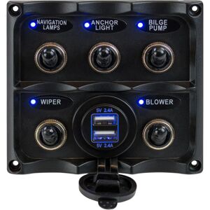 Sea-Dog Water Resistant Toggle Switch Panel w/USB Power Socket - 5 Toggle, 424617-1