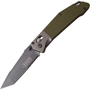 Elite Tactical Rapid Lock Folder, 3.5in, Serrated, 8Cr13Mov Stainless Steel, G10 Handle, Grey/Green, ET-1027GN