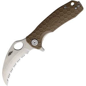 "Honey Badger Knives Small Claw Linerlock Folding Knife, 2.75 satin finish serrated 8Cr13MoV stainless bla, Tan textured GRN handle, HB1152"