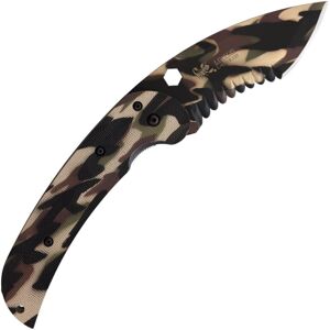 Linton Cutlery Large Tactical Camo Serrated Textured Knife, 6.5in Closed, 4.5in camo Partially Serrated Curved Blade, Camo Textured G10 Handle, L92019