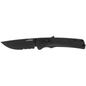 SOG Specialty Knives & Tools Flash At Blackout Automatic Folding Knife, 3.38in, D2 Tool Steel, Drop Point Blade, Partially Serrated, Black Coated, Black GRN Handle, SOG-11-18-02-57