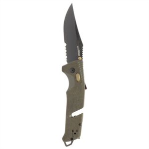 SOG Specialty Knives & Tools Trident AT Folding Knives, 3.7in, CRYO D2, Partially Serrated Clip Point Blade, Olive Drab GRN Handle, 11-12-11-41