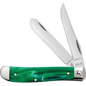 Case John Deere Mini Trapper Kirin Folding Knife, Mirror finish stainless clip and spey blades, Green smooth Kirinite handle, 15773